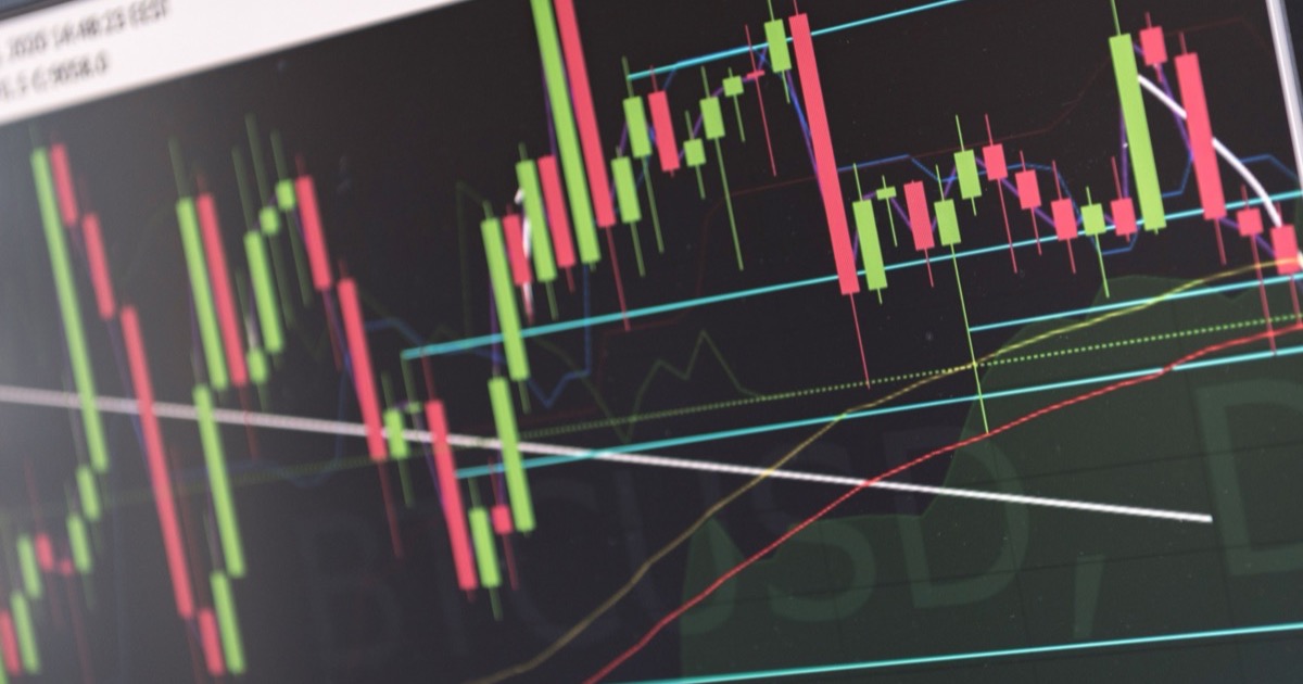 A close-up trading screen with red and green candlestick charts, matching the June 15, 2026 AlphaEdge end-of-day wrap on the Iran deal rally, falling oil and AI-led market breadth.