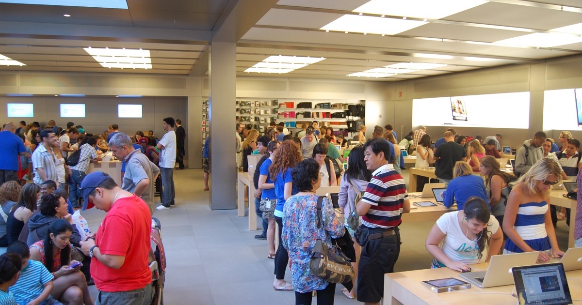 The glass interior of Apple's Fifth Avenue flagship store, on a day Apple shares tumbled 6% on memory-cost fears, June 25, 2026.