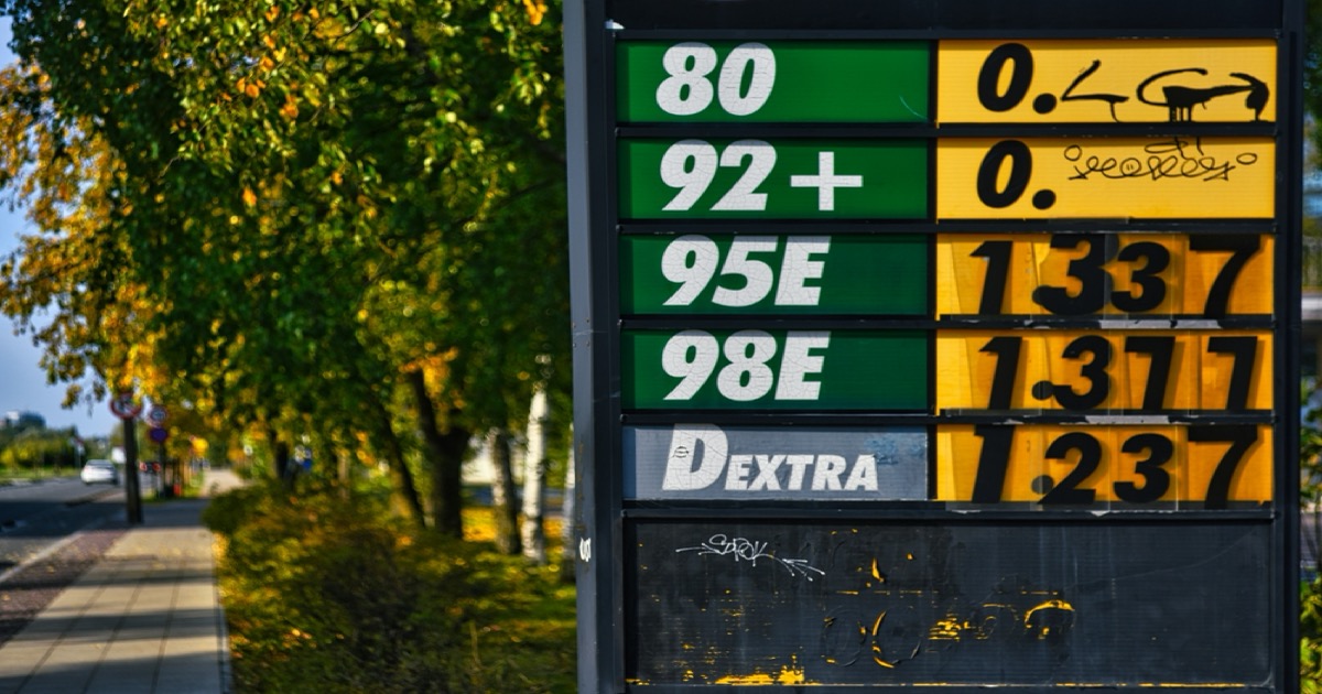Gas station price sign showing elevated fuel prices amid the Strait of Hormuz supply disruption