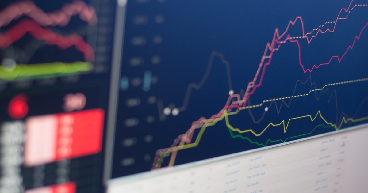 Financial chart displayed on a monitor showing market data and trading graphs