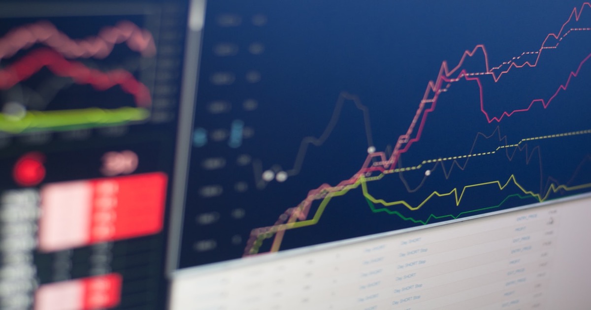 Close-up of stock market trading charts on a monitor displaying candlestick patterns and price data