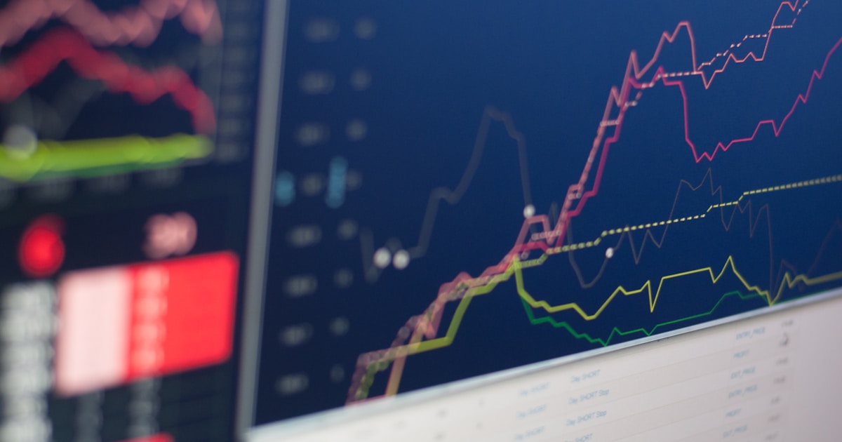 Close-up of a financial trading monitor displaying stock market charts and data