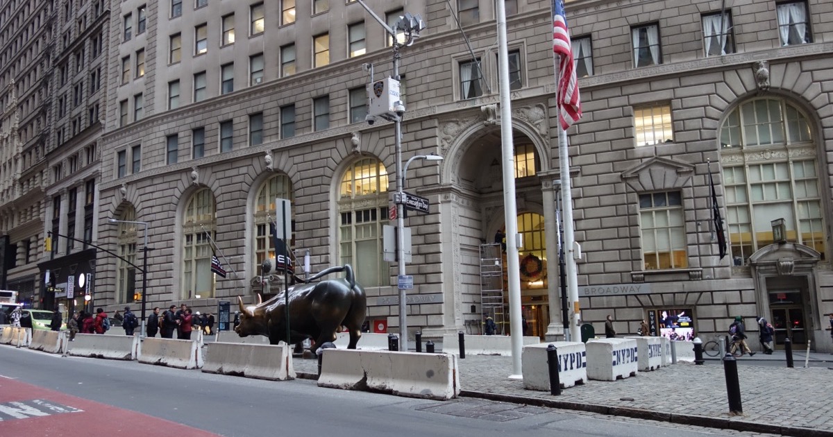 The Charging Bull statue in New York's financial district, on the morning of August 10, 2026.