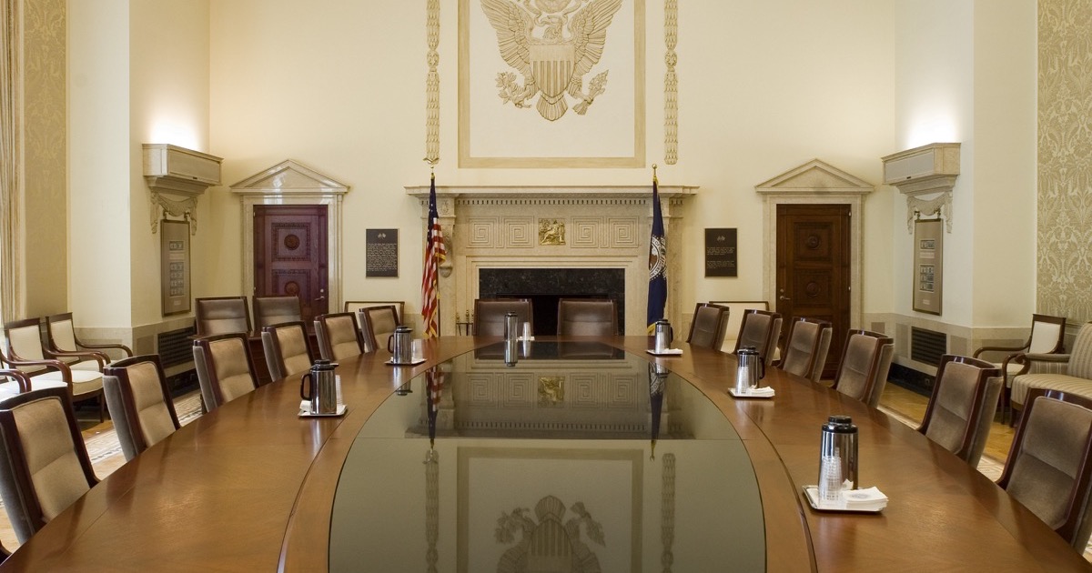 The Federal Reserve Board room stands empty before the July meeting minutes are released on August 19, 2026.
