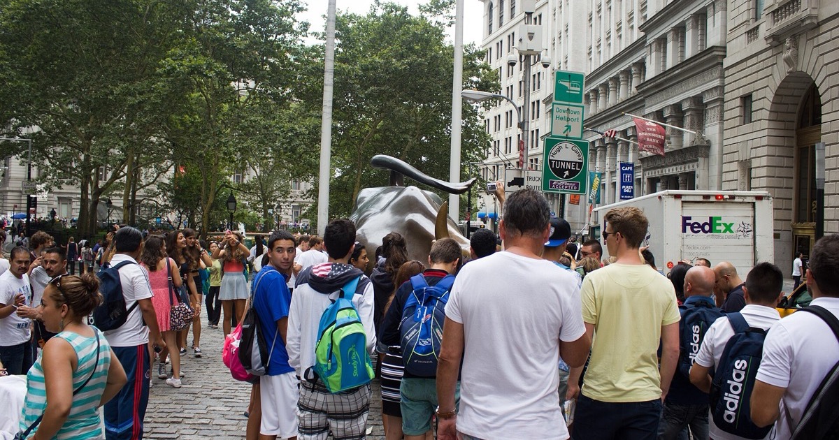 The Charging Bull statue in the financial district of Lower Manhattan, on the morning of July 15, 2026.