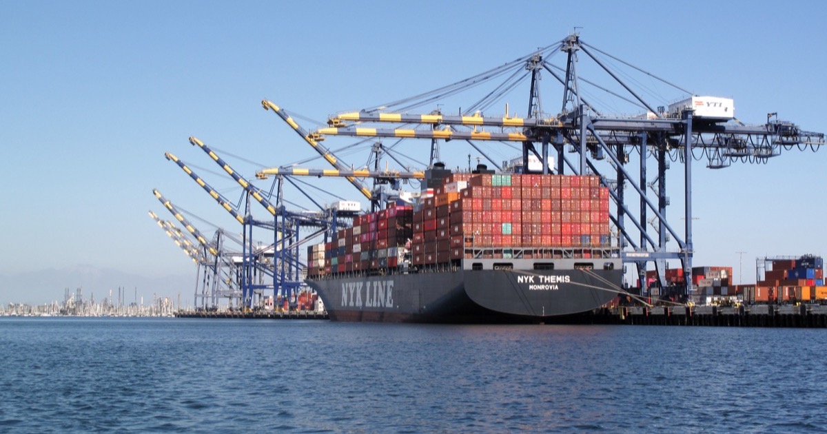 A container ship berthed at the Port of Los Angeles, on the morning of July 31, 2026.